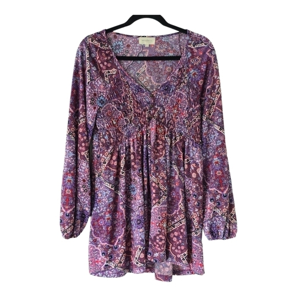 Melloday Dress Womens Sz M Mixed Print Smocked Chest Popover Long Sleeve… - Picture 1 of 13